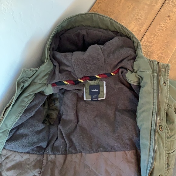 💚Baby Gap Toddler 2 years Khaki Army Green Hooded Denim Jacket w padding inside - Picture 14 of 15